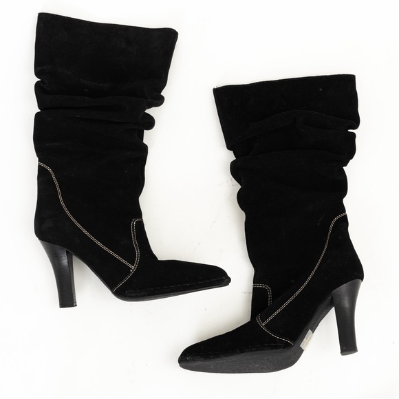 Black suede leather slouch boot heeled with stitching Hot In Hollywood 8.5 fall - Picture 3 of 14